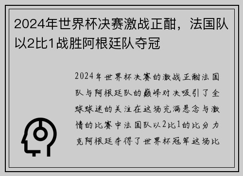 2024年世界杯决赛激战正酣，法国队以2比1战胜阿根廷队夺冠